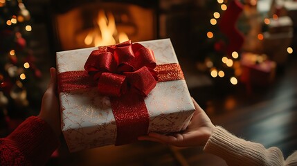 A cheerful family member holding a large wrapped gift with a big red bow, handed over by another relative, soft glow from a fireplace in the background, Christmas decorations visible,
