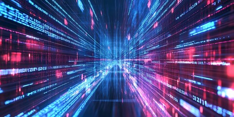 Digital lightful abstract background illustration of pink and blue hued colors on random patterns, high-tech futuristic 3d design