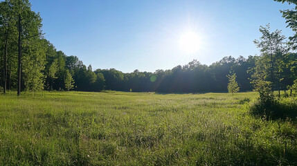 Wald Panorama mit Sonnenstrahlen: A panoramic forest view with sun rays streaming through the trees, creating a warm and inviting atmosphere.