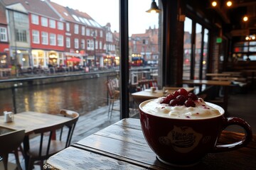 Una taza grande de chocolate caliente decorada con frutas rojas, servida en una cafetería con...