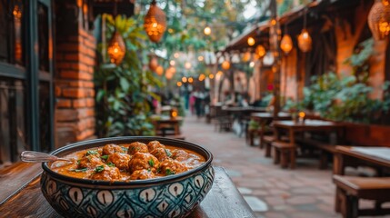 Fototapeta premium Un plato tradicional de albóndigas servido al aire libre en un restaurante con decoración luminosa y ambiente de terraza.