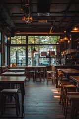 Un café vacío con muebles de madera y luz suave, creando un ambiente íntimo y relajado. La luz del día entra por las ventanas del local.

