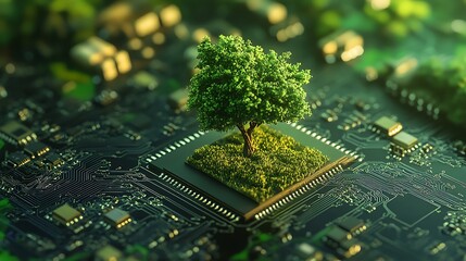 Digital illustration of a green leaf tree rooted in a computer CPU microchip, high-tech hardware design, concept of technology which bounded to nature and environment