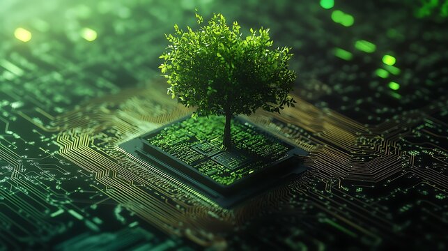 Digital illustration of a green leaf tree rooted in a computer CPU microchip, high-tech hardware design, concept of technology which bounded to nature and environment