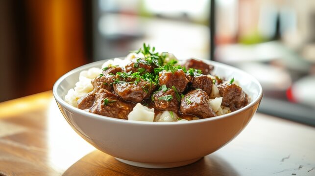 Un taz&oacute;n lleno de estofado de carne con trozos de papa, decorado con perejil fresco. El plato parece humeante y listo para disfrutarse en un entorno relajado.

