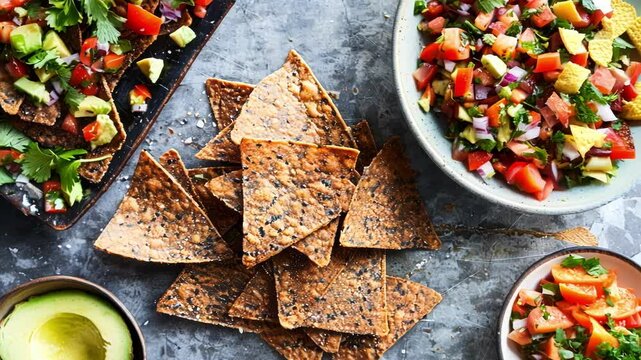 Freshly made tortilla chips with pico de gallo and avocado, colorful veggies, and spices. Ideal for parties, gluten free, vegan, and delicious. Rustic top view background for food content