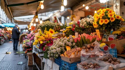 Vibrant flower market showcasing a spectrum of colorful blooms in a cheerful atmosphere