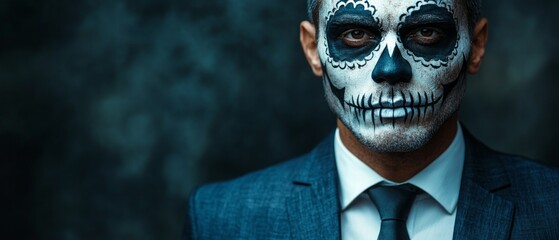 Dressed in a tailored suit, a man showcases intricate Day of the Dead face paint, blending traditional cultural elements with modern attire during a festive occasion