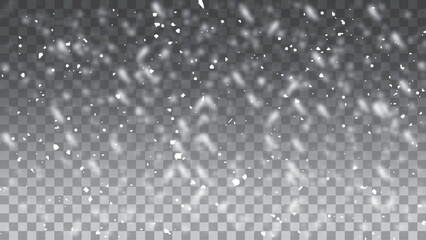 Snow gray transparent background. White falling snowflakes. Cold weather effect. Magic nature fantasy