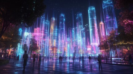 Fototapeta premium AI-driven virtual city tour, with glowing landmarks and digital guides