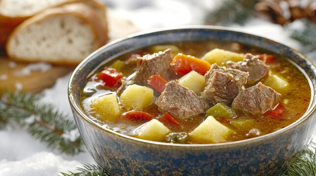 Taz&oacute;n de estofado de carne y papas con verduras, acompa&ntilde;ado de pan r&uacute;stico al fondo.

