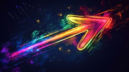 Colorful vibrant design of glowing large pointer pointing to right on black background, futuristic graphical resource illustration