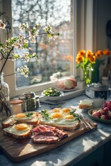 Fototapeta premium Desayuno con huevos fritos, tocino y pan tostado en una cocina iluminada por el sol.