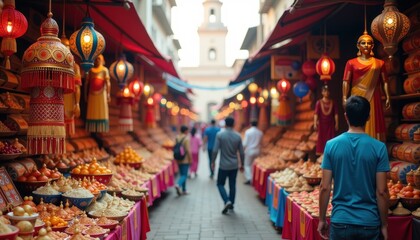 Bustling Indian Festival Market with Colorful Dussehra Items for Sale Offering a Festive Atmosphere