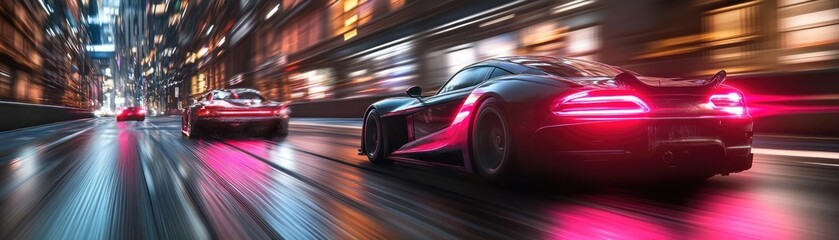 Fototapeta premium AI-enhanced race track, with glowing cars speeding through a neon-lit city