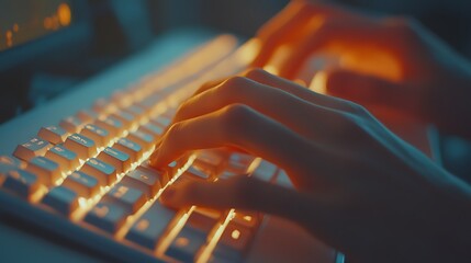 A close-up shot of manicured hands typing on a sleek white keyboard, illuminated by soft ambient lighting, warm hues and gentle shadows, minimalist background,