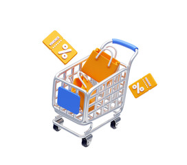 The shopping cart has a shopping bag inside and a discount voucher floating on the side 3d illustration background © mamewmy