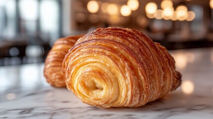Un croissant crujiente dorado, colocado sobre una mesa de mármol en un café iluminado.

