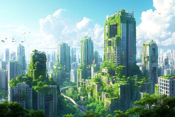 Obraz premium Environment friendly cityscape aerial view with tall buildings, roads and highways covered in trees and plants, ESG concept and clean sky