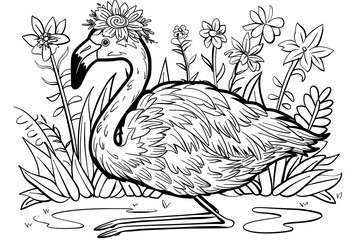 Fototapeta premium A whimsical flamingo adorned with a floral crown, surrounded by lush flowers and foliage in a playful, hand-drawn style.