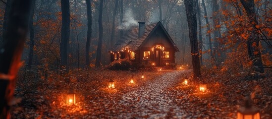 A small cabin in a dense forest, illuminated by the glow of lanterns, creating a warm and inviting atmosphere in the midst of the woods.