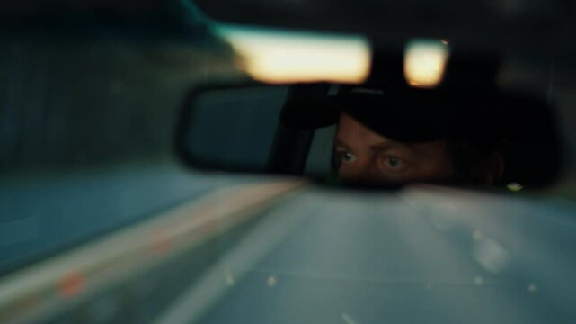 Blurred road view with reflection of the male driver in the mirror
