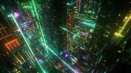 Obraz premium Glowing Metropolis - Futuristic 3D Cityscape with Vibrant Neon Lights and Digital Networks at Night