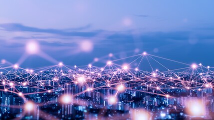 Obraz premium Futuristic Cityscape at Twilight with Glowing Digital Network - Hyper Realistic 3D Rendering
