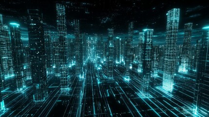 Obraz premium Vibrant Cityscape Illuminated with Digital Networks at Night, Hyper Detailed 3D Rendering