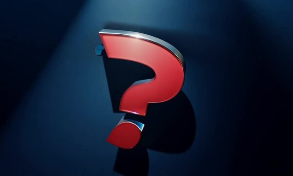 Red metal question mark with light highlights on dark background