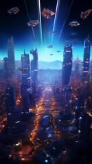 Fototapeta premium Drone view of a city at night in games style background for mobile, 9:16 ratio. Generative ai