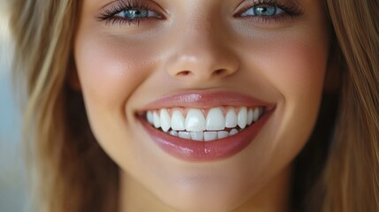 Fototapeta premium Close-up of a young woman's smiling face, showing her bright white teeth and pink lips.
