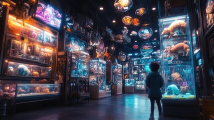 Obraz premium AI-generated pet store, with robotic animals and glowing habitats
