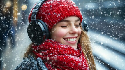 Woman enjoying music in winter snowfall