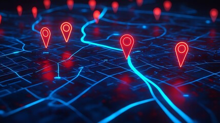 Digital blue map with red pointers and map markers for GPS locations, pathways and transportation on city locations