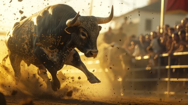 A bull is running in a ring with a crowd watching