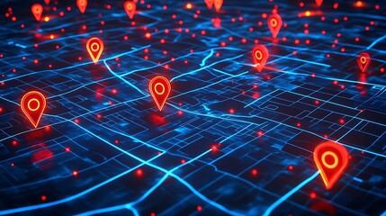 Digital blue map with red pointers and map markers for GPS locations, pathways and transportation on city locations