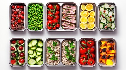 Stylish containers display vibrant meals, including buckwheat with vegetables and refreshing salads