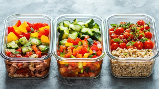 Stylishly arranged meal containers feature nutritious buckwheat, salads, and fresh fruits