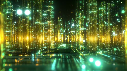 Obraz premium Vibrant Cityscape with Colorful Lights and Glowing Pathways - Hyper Detailed 3D Rendering of Luminous Urban Skyline