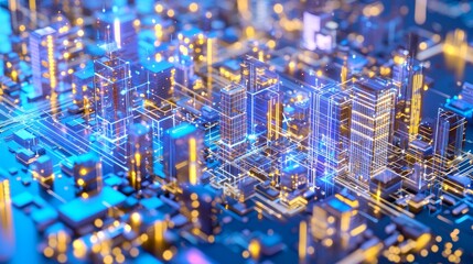 Futuristic Illuminated Cityscape with Digital Lines and Vibrant Colors | Hyper Detailed 3D Rendering of High-Tech Urban Experience