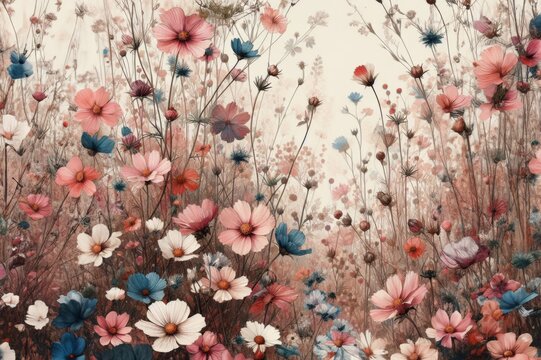 Lebendige Blumenillustration mit rosa, blauen, orangefarbenen Bl&uuml;ten, die dicht aneinander auf cremefarbenem Hintergrund wachsen.  Komposition ist farbenfroh und detailliert. Postkarte. Generative KI