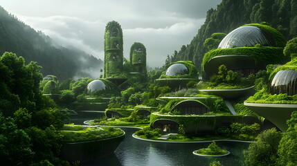 A landscape transformed with green technology and renewable energy reducing the environmental impact and promoting sustainability