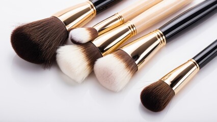 Makeup brushes with powder on the bristles. Set of professional makeup brushes with black handles and soft bristles, displayed against a white background, ideal for beauty routines.