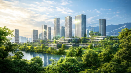 Fototapeta premium A modern city powered by clean energy technologies contributing to green infrastructure and climate change mitigation