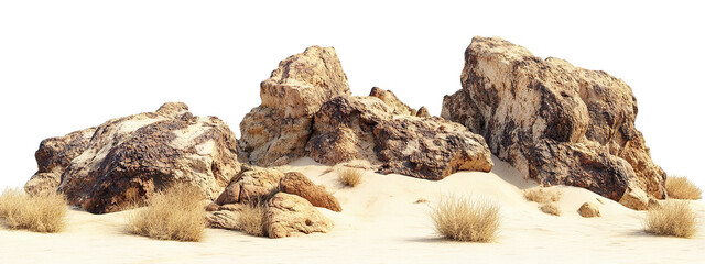 Sandy desert landscape with large boulders and dry plants, cut out