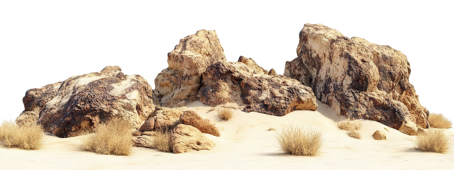 Sandy desert landscape with large boulders and dry plants, cut out