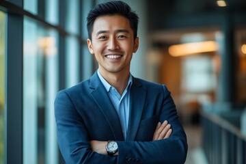 Handsome smiling Asian businessman standing with arms crossed in a modern office, wearing a casual suit and looking professional for a working concept.