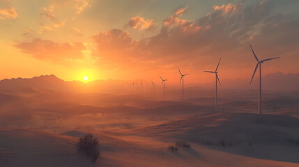 A modern wind farm located in a vast desert producing clean energy through wind turbines and contributing to climate change mitigation