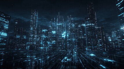 Futuristic Digital Cityscape with Glowing Skyscrapers and Abstract Designs Illuminating the Night Sky